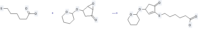 Hexanoic acid,6-mercapto- can be used to produce dl-2-(5-carboxypentylthio)-4-(tetrahydropyran-2-yloxy)-2-cyclopentenone with 4-(tetrahydro-pyran-2-yloxy)-6-oxa-bicyclo[3.1.0]hexan-2-one